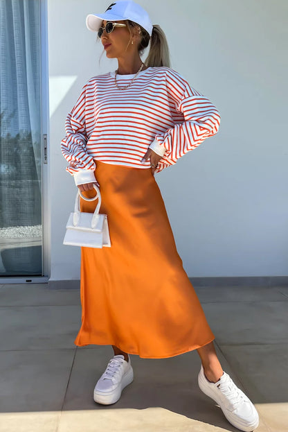 Orange Stripe Drop Shoulder Crew Neck Loose Sweatshirt