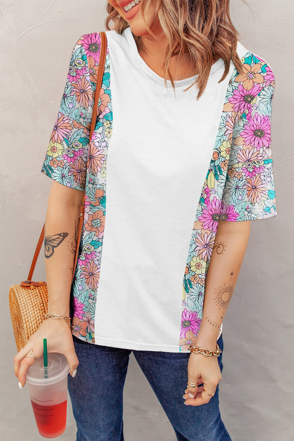 Witte bloemenprint patchwork top met korte mouwen