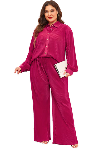 Rozenrode Plus Size Geribbelde Lange Mouw Shirt en Broek Pyjama Set