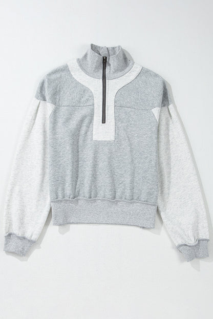 Gray Half Zipper Collared Drop Shoulder Side Slits Sweatshirt