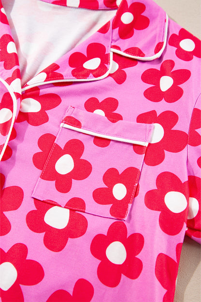 Roze bloemenprint shirt met lange mouwen, shorts, pyjamaset