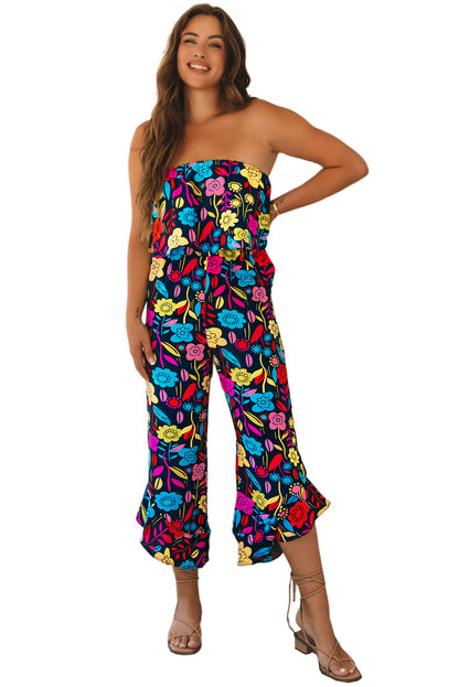 Roodmix strapless jumpsuit met ruches en tropische print