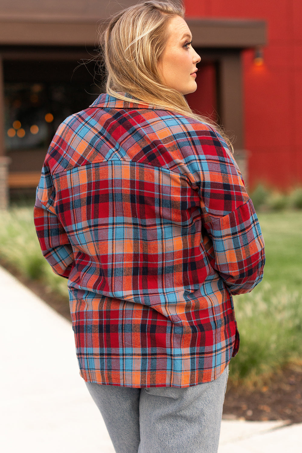 Rood plus size plaid print buttoned shirt