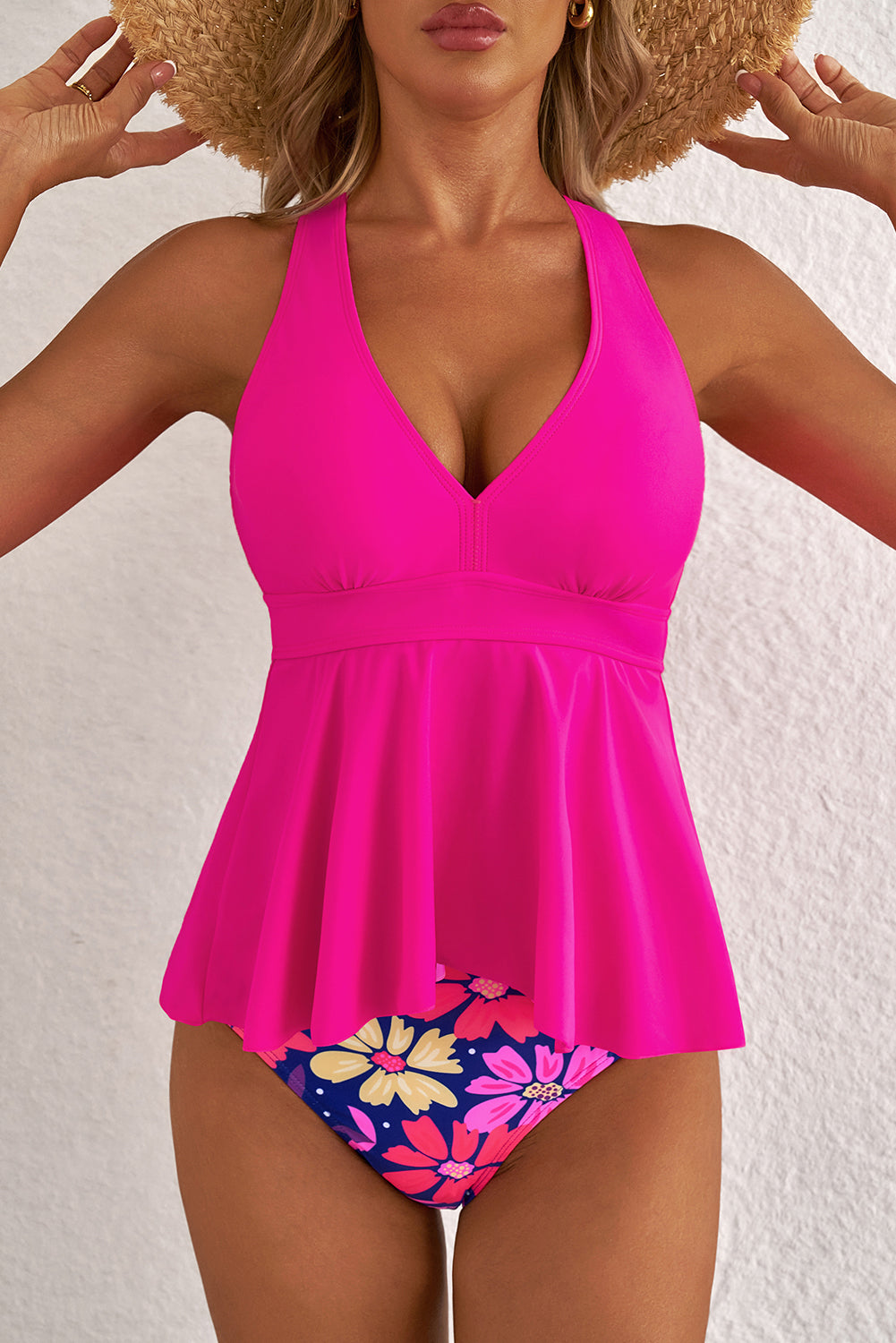 Rose V -nek gegolfde zoom bloemen bodem tankini set