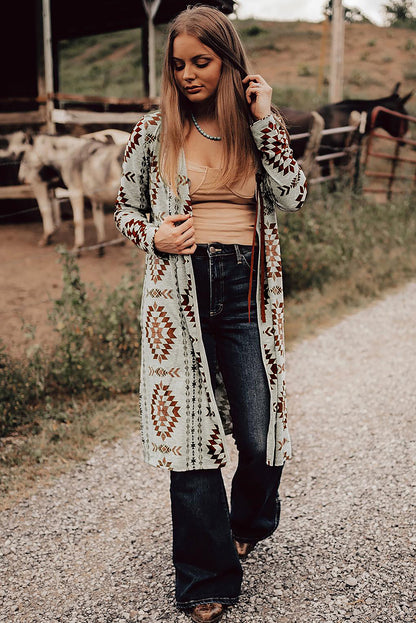 Brown Western Aztec Gedrukt Open Front Long Cardigan