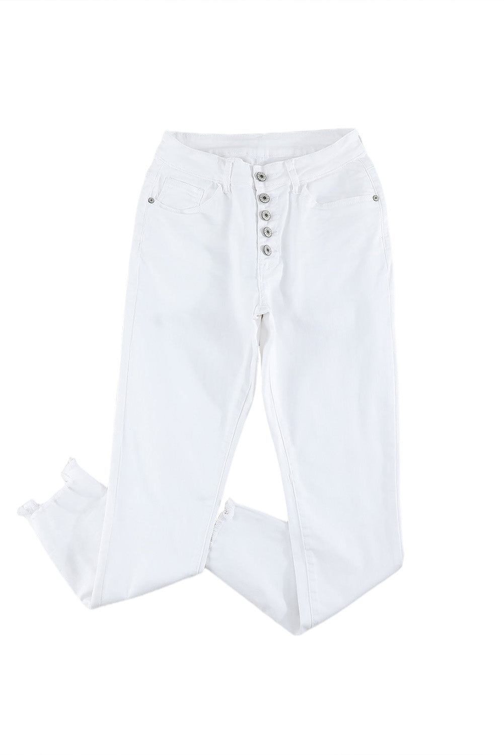 Witte effen hoge taille knopen, gerafelde cropped denim jeans