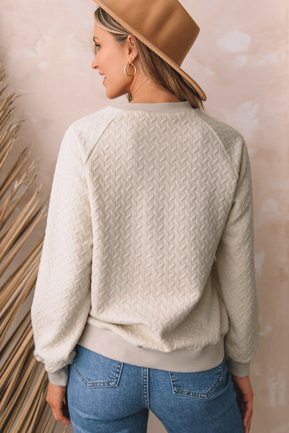 Beige Solid Textured Raglan Sleeve Pullover Sweatshirt