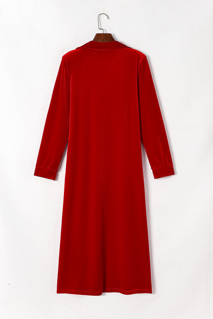 Fiery Red Velvet Open Front Pocketed Long Duster