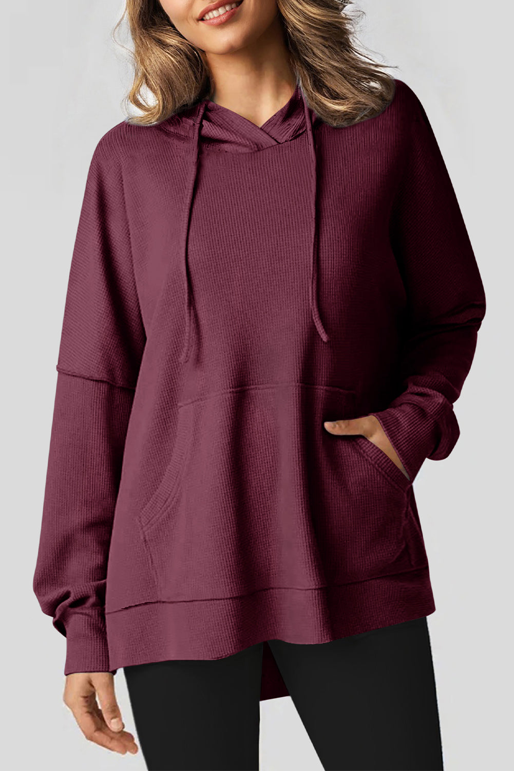 Grijze wafel gebreide fleece gevoerde high low oversized hoodie