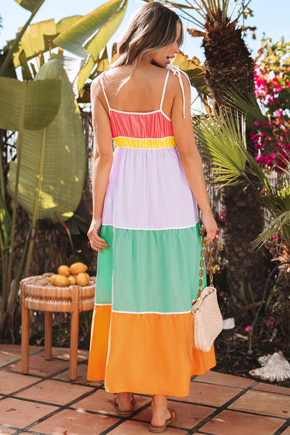 Multicolour colorblock zelfblokken riemen hoge taille flowy maxi-jurk met zakken