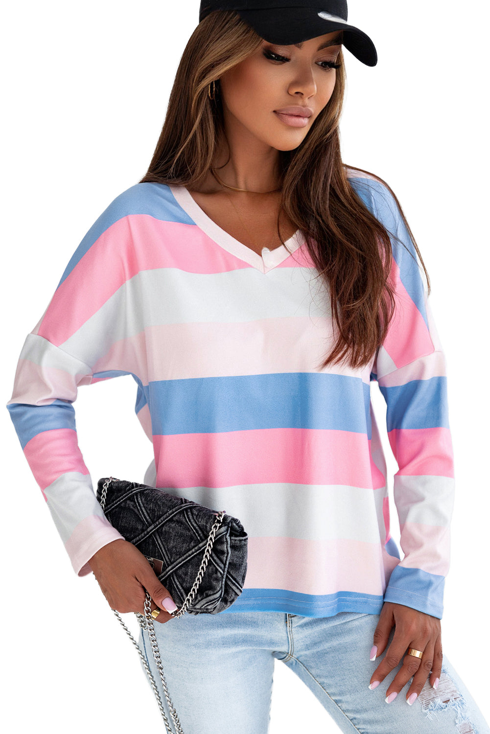 Pink Contrast Striped V Neck Long Sleeve Top