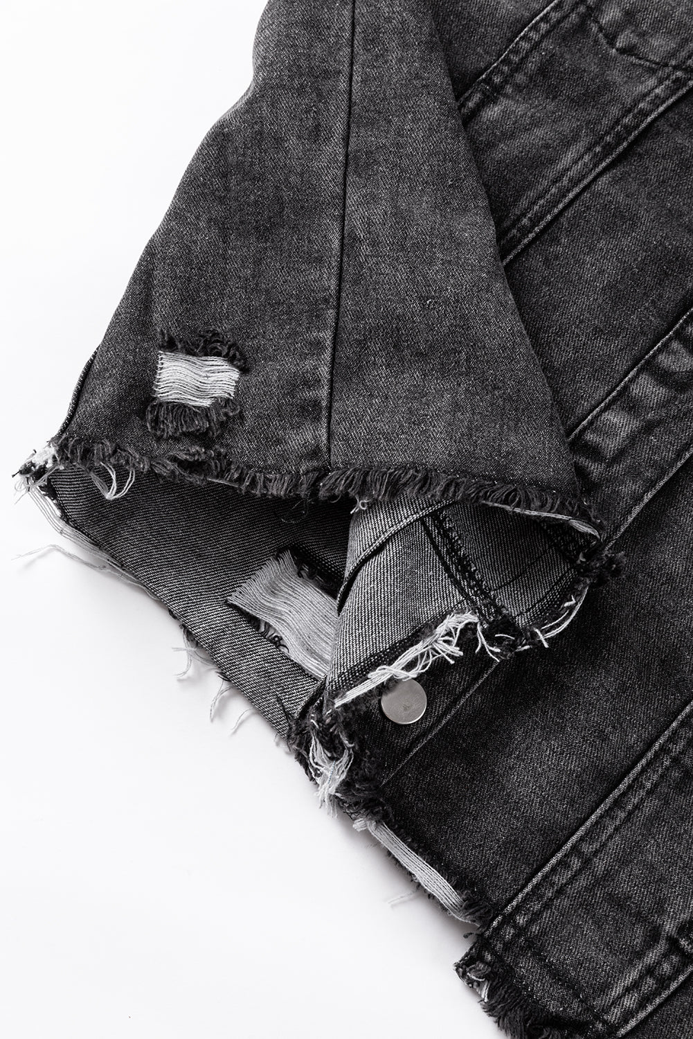 Zwart gerafeld denim jack met trekkoord en capuchon