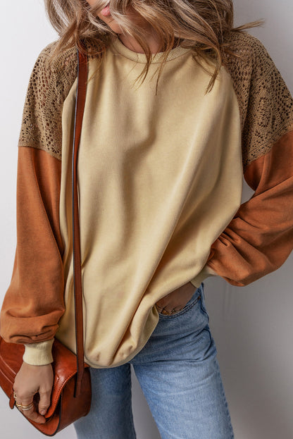 Khaki Lace Patchwork Colorblock Drop Shoulder Sweatshirt