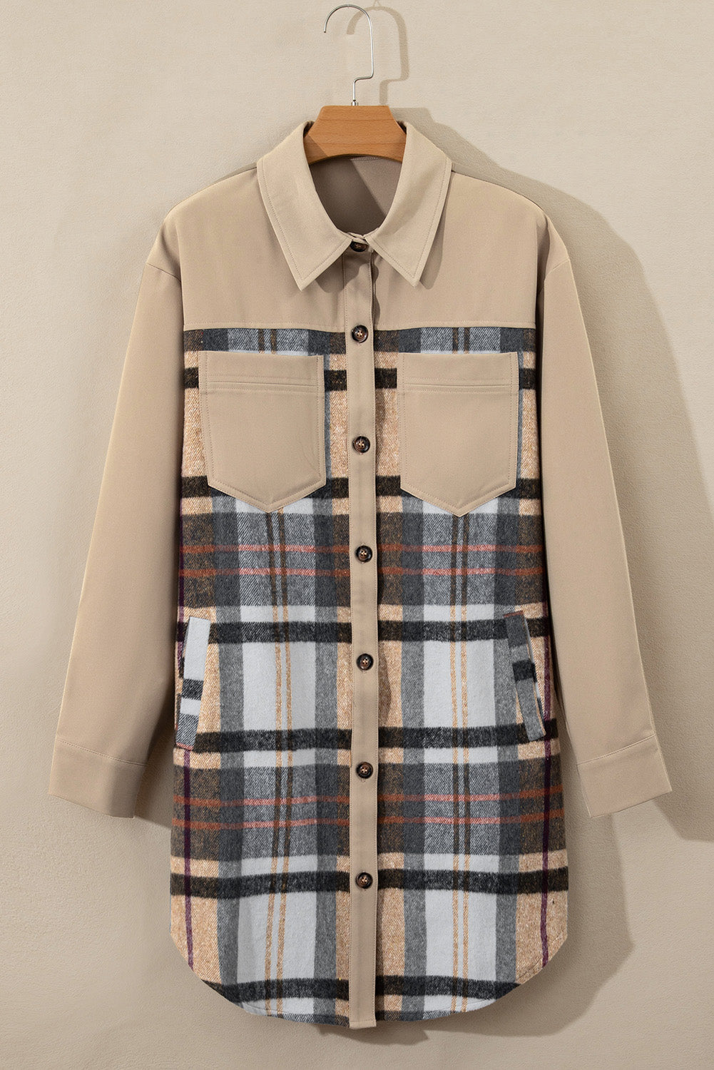 Khaki Plaid Patchwork Long Sleeve Shirt Mini Dress