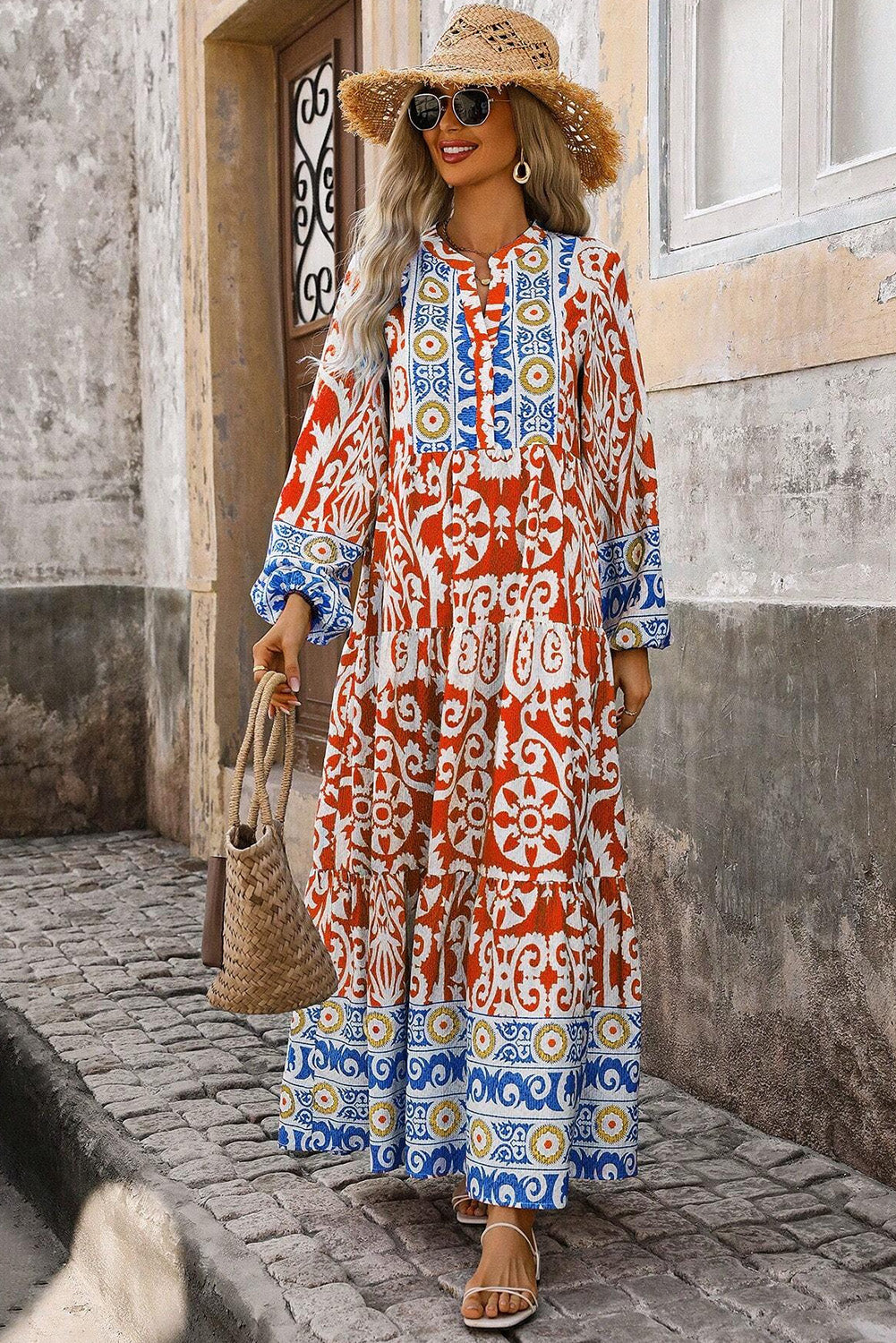 Oranje boho geometrische gedrukte maxi -jurk met lange mouwen