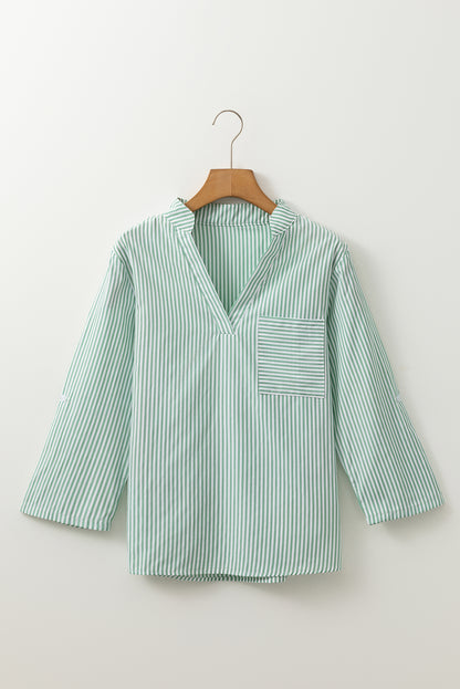 Green Stripe V Neck Roll Up Sleeve Pocket Patched Classic Shirt