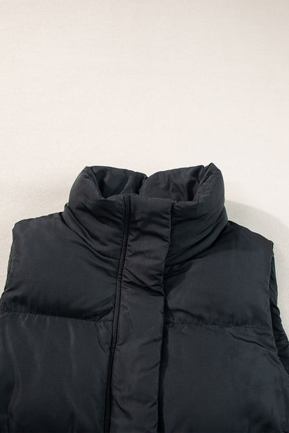 Zwarte winddichte longline Volledige zipper -puffervest met zakken