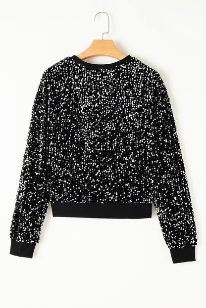 Black Sequined Long Sleeve Crew Neck Cropped Blouse