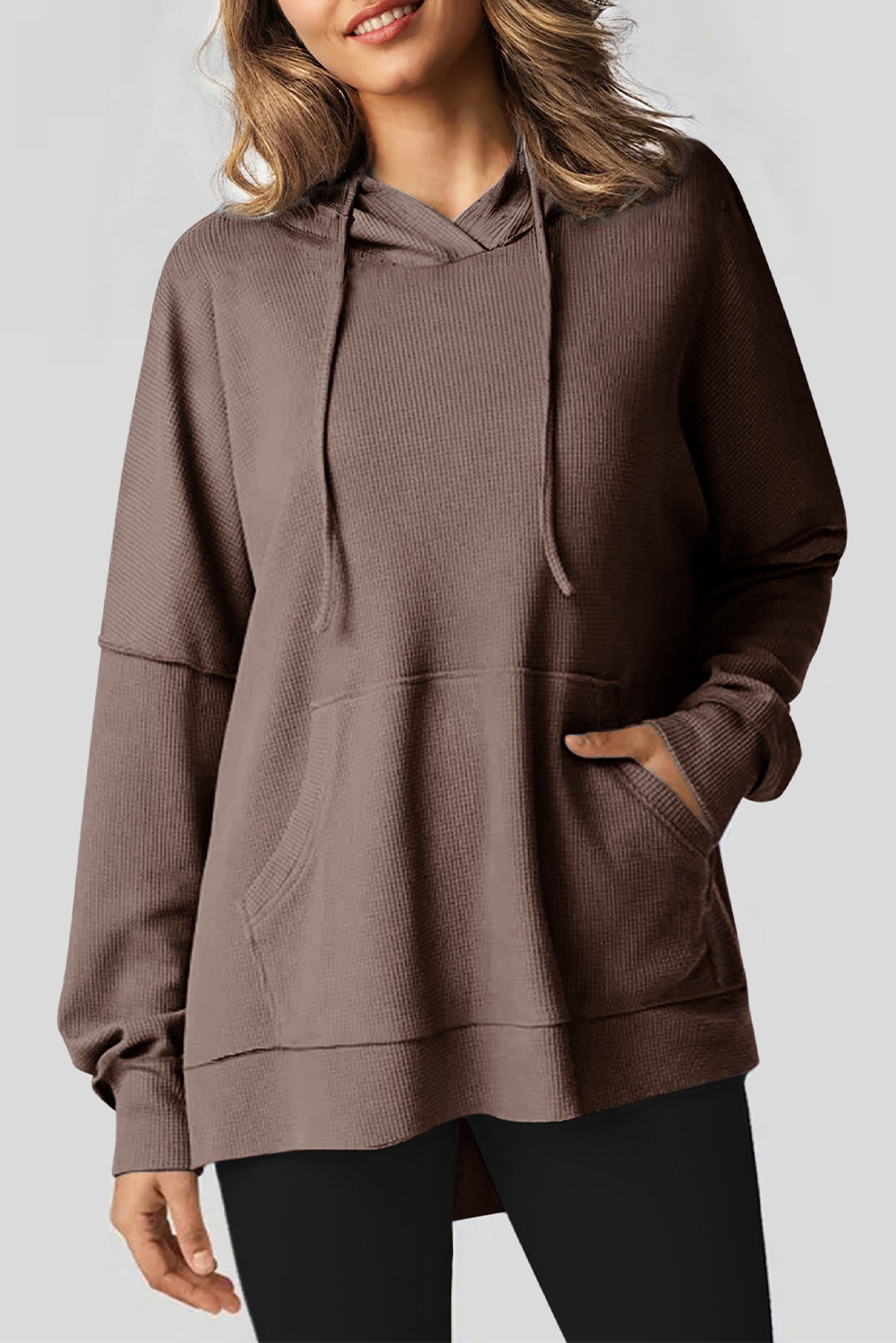 Grijze wafel gebreide fleece gevoerde high low oversized hoodie