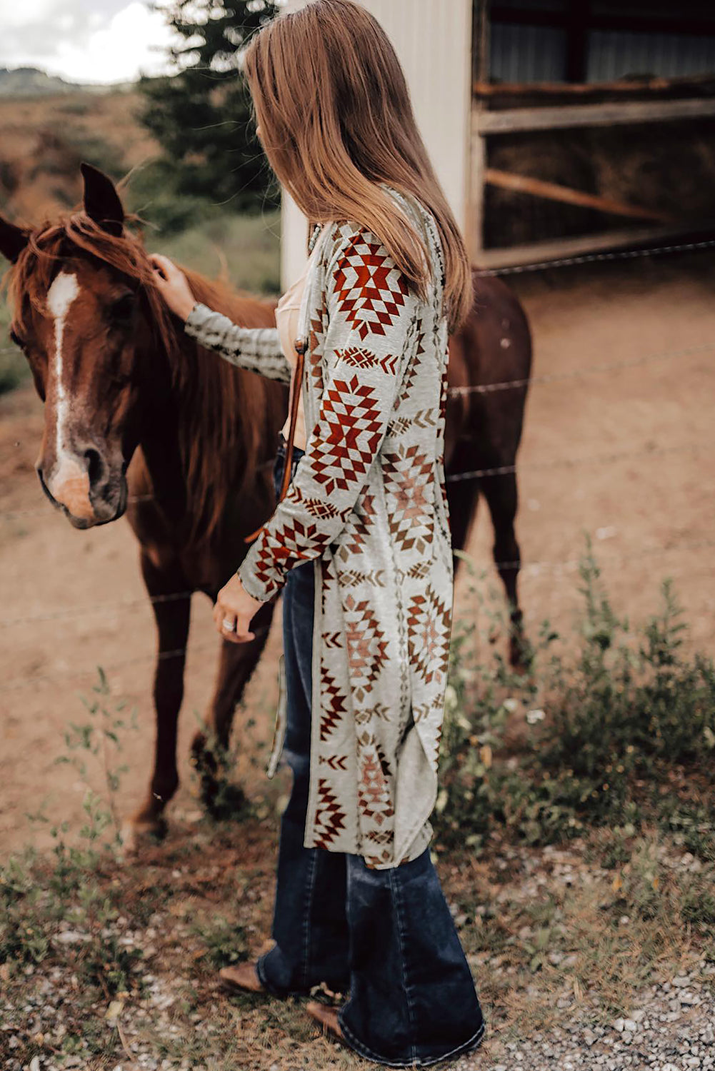 Brown Western Aztec Gedrukt Open Front Long Cardigan