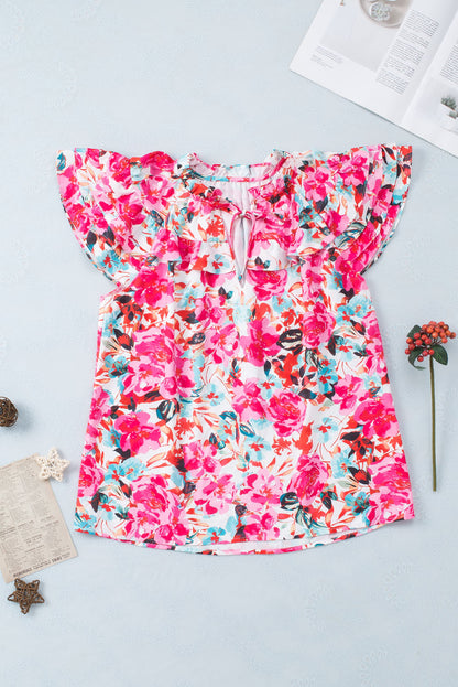 Rose Ruffle Flutter Sleeve Floral Print Blouse