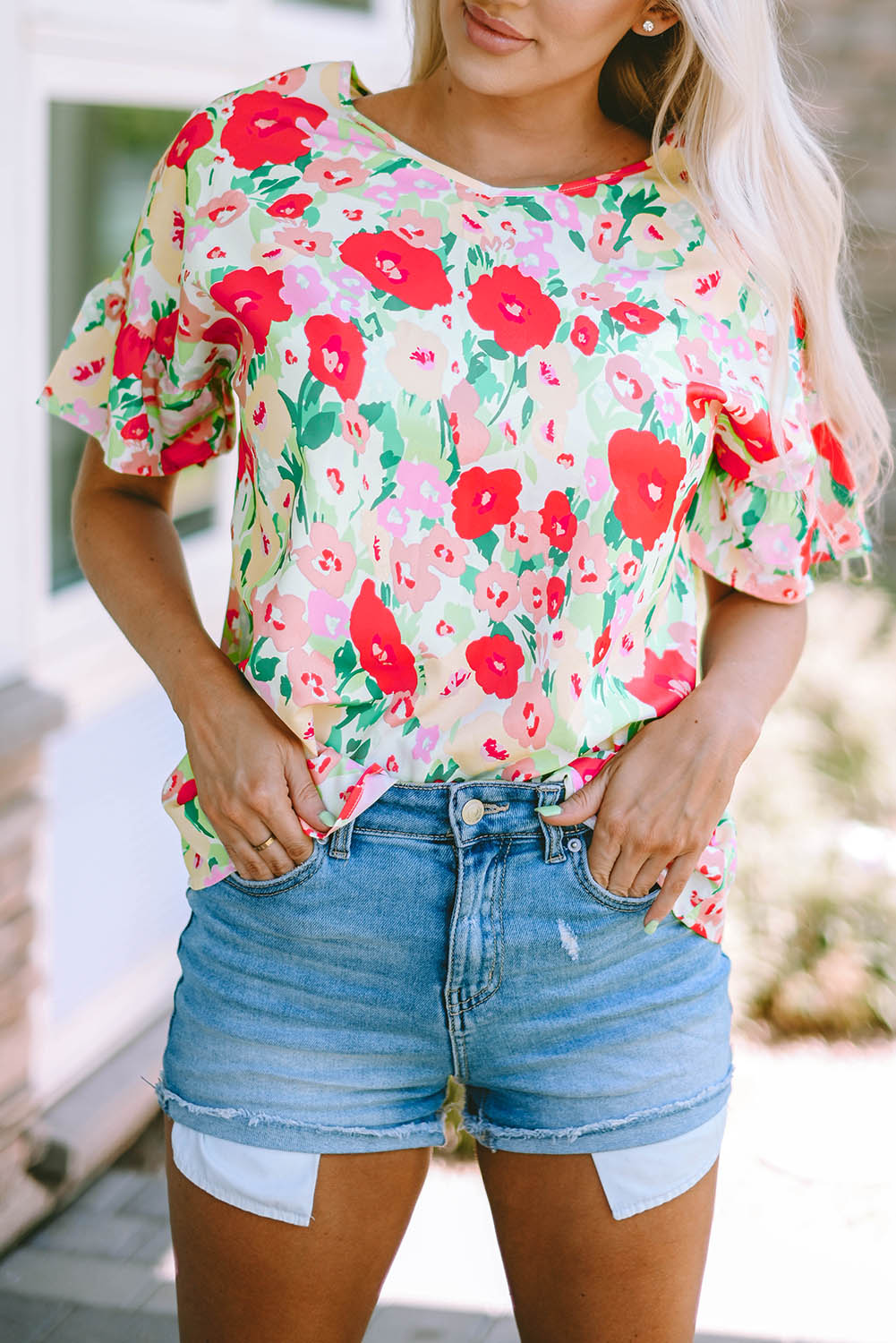 Fiery Red Floral Print Ruffled Short Sleeve V Neck Blouse