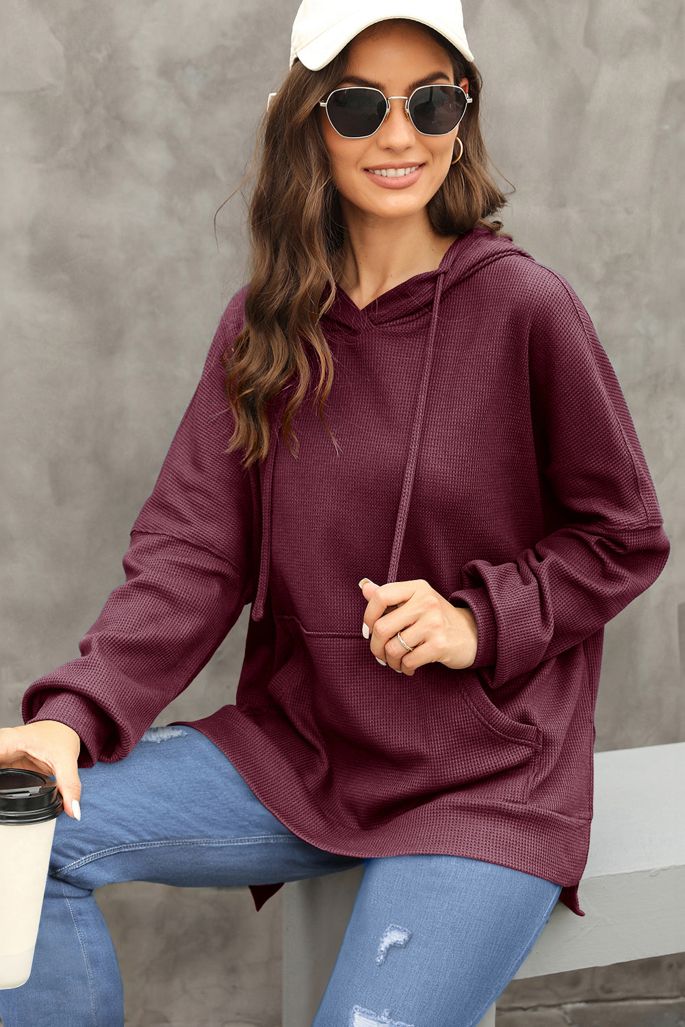 Grijze wafel gebreide fleece gevoerde high low oversized hoodie