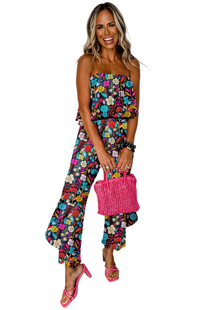 Roodmix strapless jumpsuit met ruches en tropische print