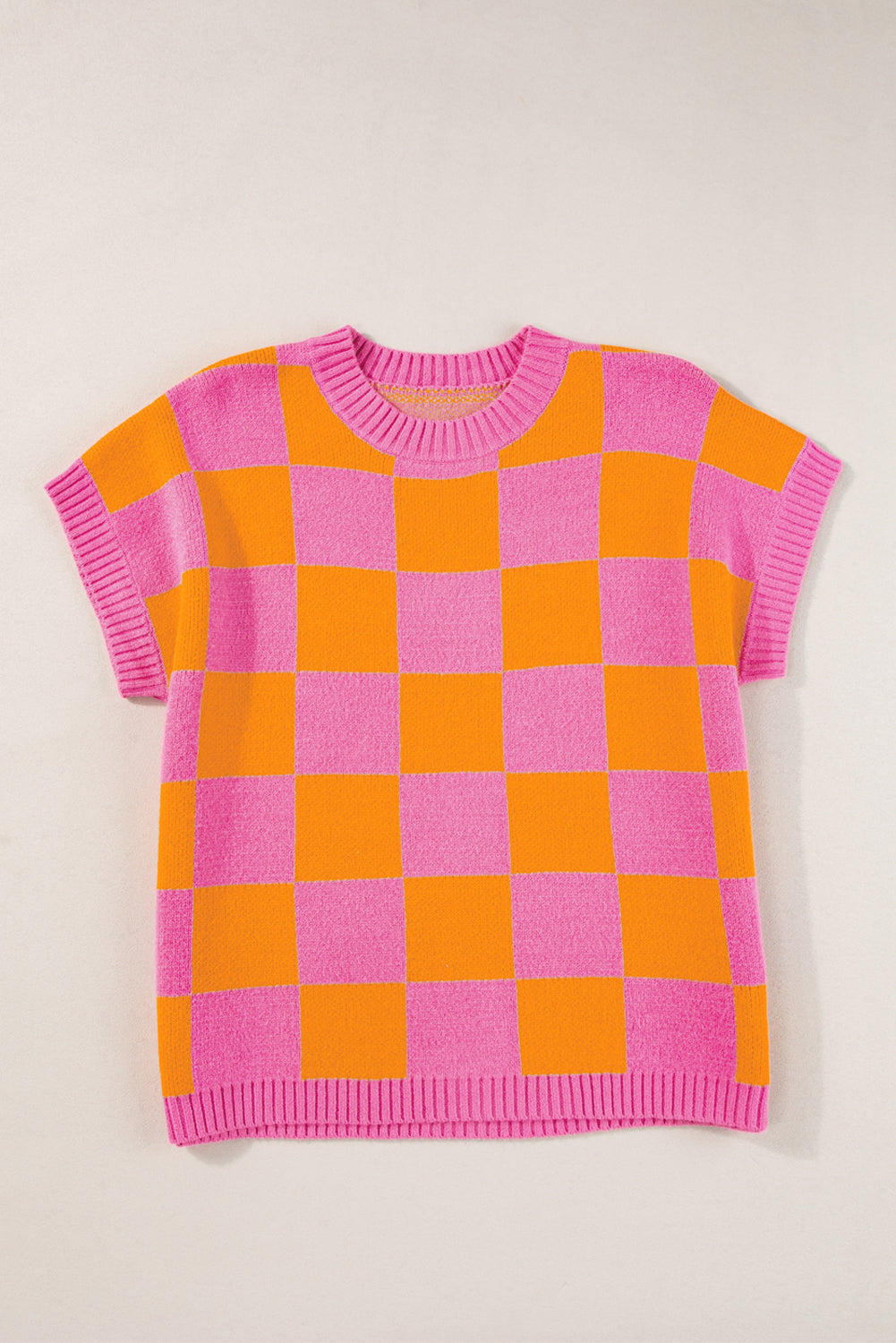 Aardbeienroze colorblock geruite tanktop met geribbelde rand