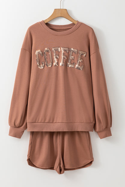 Strogele sequined COFFEE losse pasvorm sweatshirt en shorts set