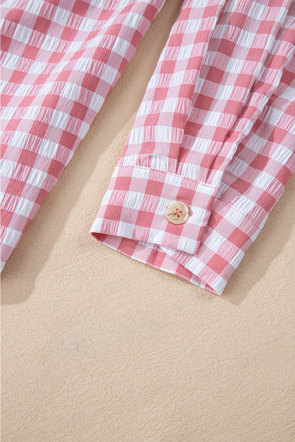 Pink Gingham printkastvakken geknoopte kraagshirt geknoopt