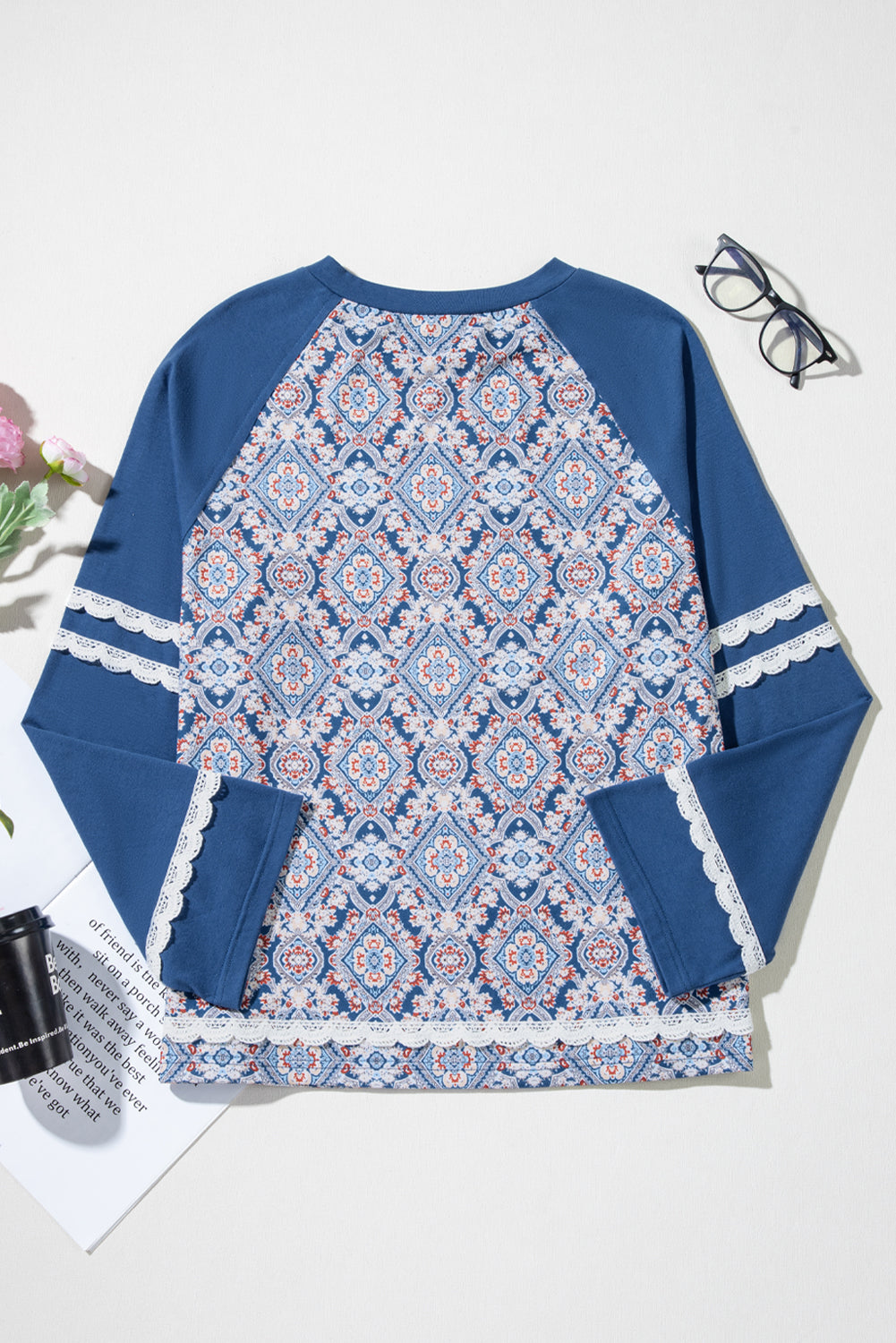 Blue Geometric Printed Lace Patchwork Ric Rac Raglan Long Sleeve Top