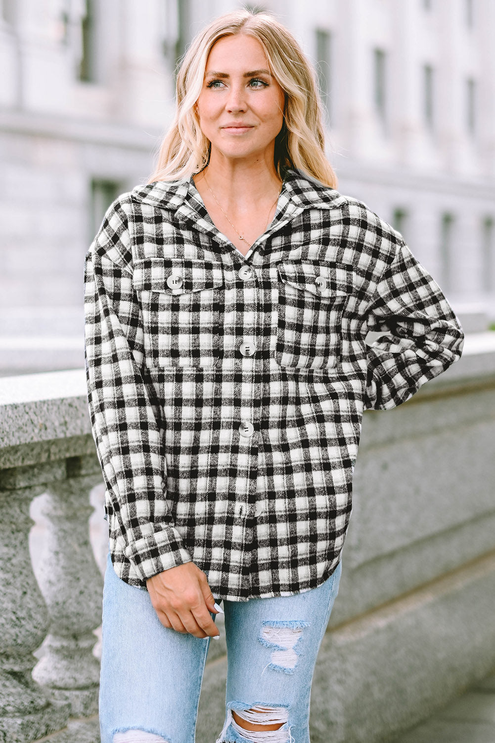 Black Plaid Print Chest Pockets Buttoned Tunic Shacket