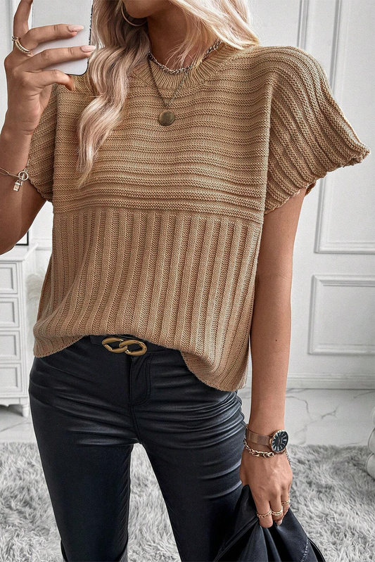 Licht Frans beige ribgebreid trui-T-shirt met wijde mouwen