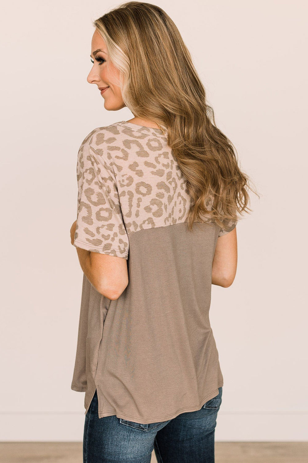 Khaki Leopard Yoke Color Block T Shirt