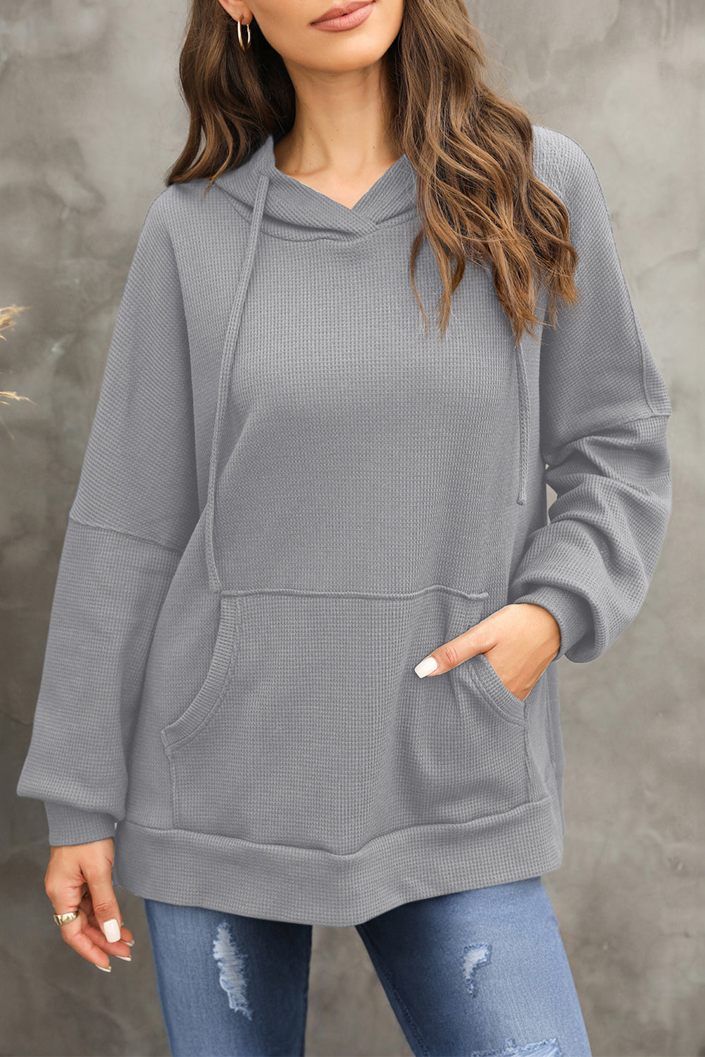 Grijze wafel gebreide fleece gevoerde high low oversized hoodie