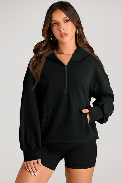 Zwarte massieve kangoeroe -zak half ritssluiting oversized hoodie