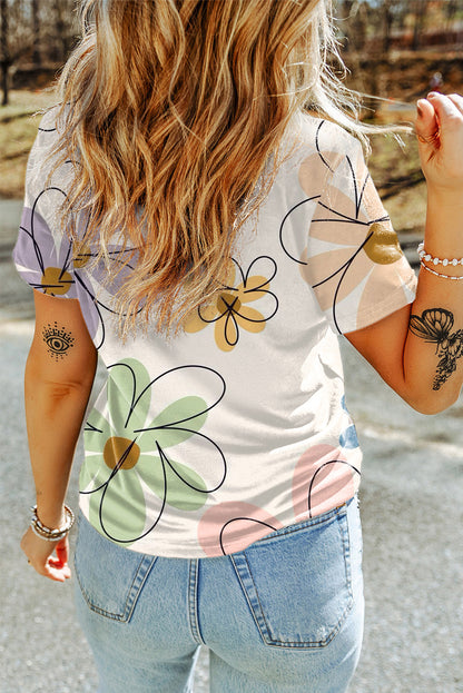 Beige zomerbloemenprint casual T-shirt met ronde hals