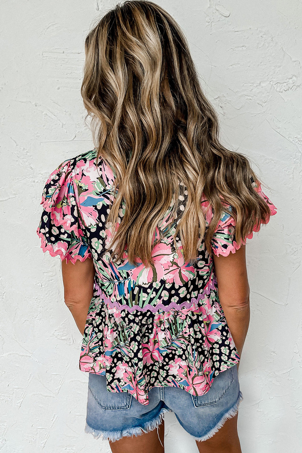 Pink Ricrac Floral Tiered Short Sleeve Blouse