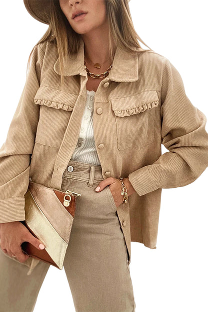 Licht Frans beige effen corduroy shacket met klepzak en knoopsluiting