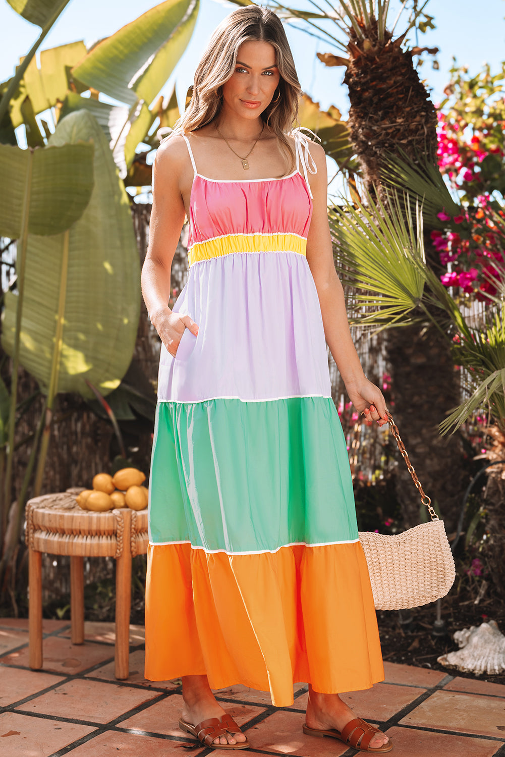 Multicolour colorblock zelfblokken riemen hoge taille flowy maxi-jurk met zakken