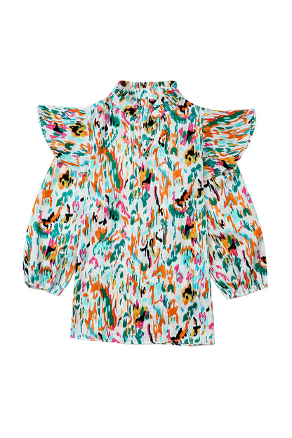 Veelkleurige blouse met 3/4 pofmouwen en ruches met abstracte print