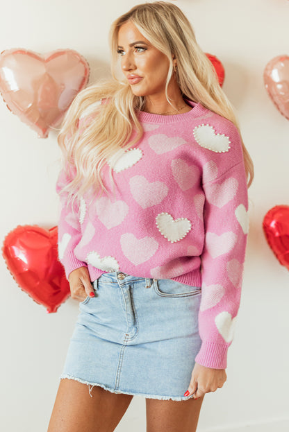 Roze Pearled Heart Print Valentijns Crew Neck Sweater