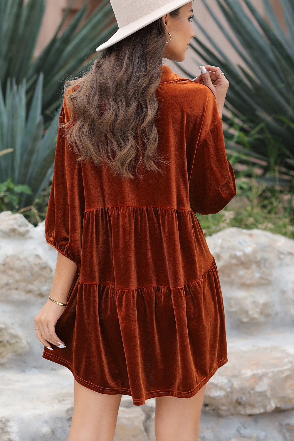 Chestnut 3/4 Sleeve Tunic Babydoll Velvet Shirt