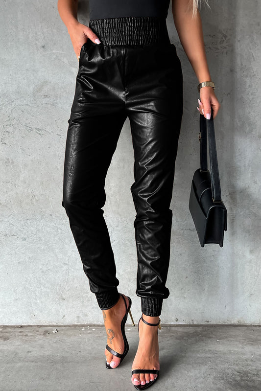 Zwarte gesmokte leren skinny broek met hoge taille