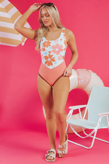 Orange Floral Patchwork Backless One Piece Swimsuit