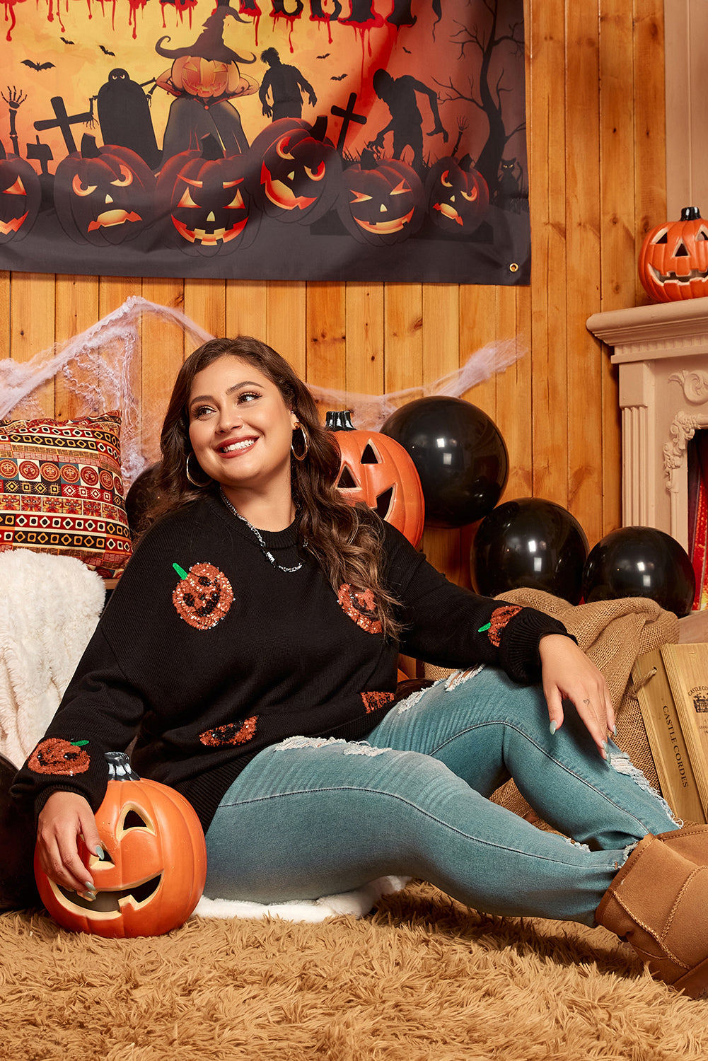 Zwart plus size Halloween -lovertjes pompoenpatroon trui