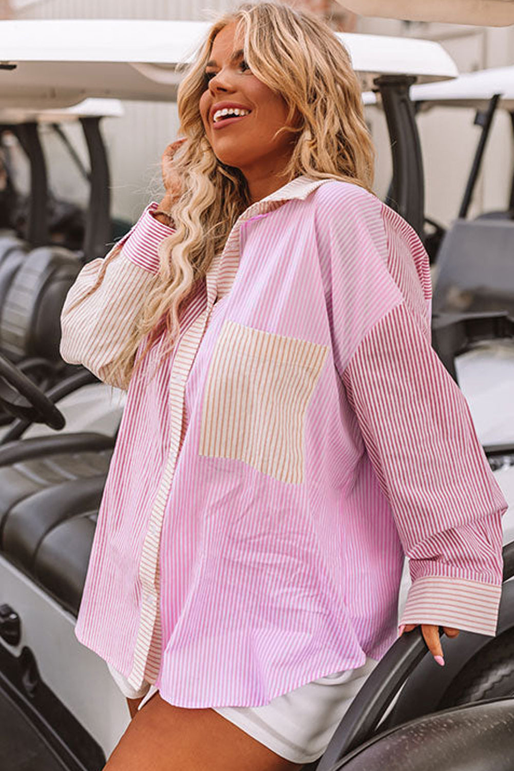 Roze strepenprint colorblock plus size shirt