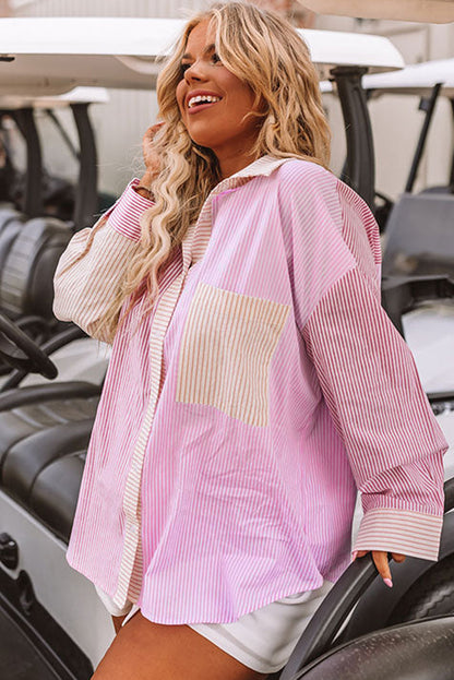 Roze strepenprint colorblock plus size shirt