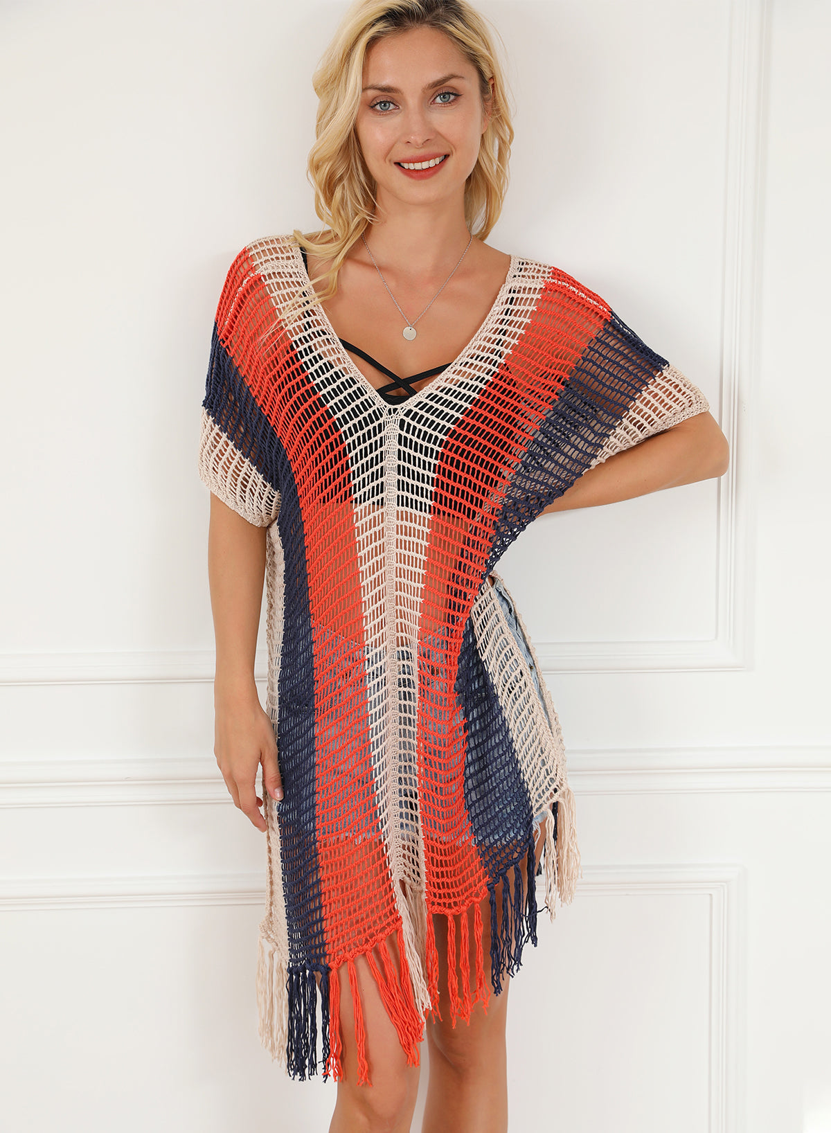 Multicolor Striped Tassel Crochet V Neck Beach Cover Up